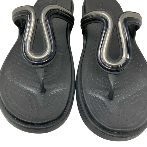 Crocs Womens Sanrah Block Flip Flop Sandals Size 11 Casual Beach Black Silver - Picture 6 of 15